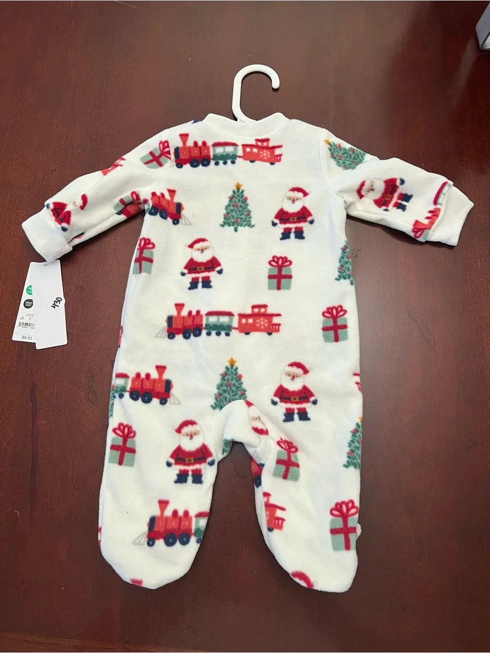Carter's White Fleece Holiday Footed One-Piece with Santa & Train Print